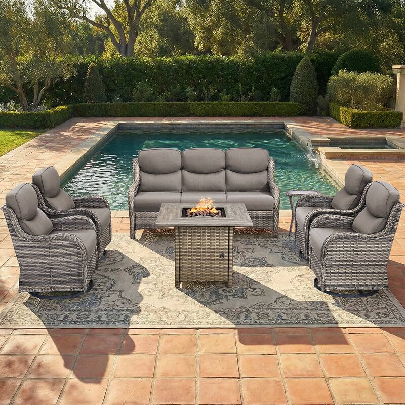 Pocassy Outdoor Propane Fire Pit Table with Sofa Swivel Chair Funiture Set. - Gray Wicker Gray Cushion - 6-Piece Sofa Swivel Chair w/ Fie Pit Table