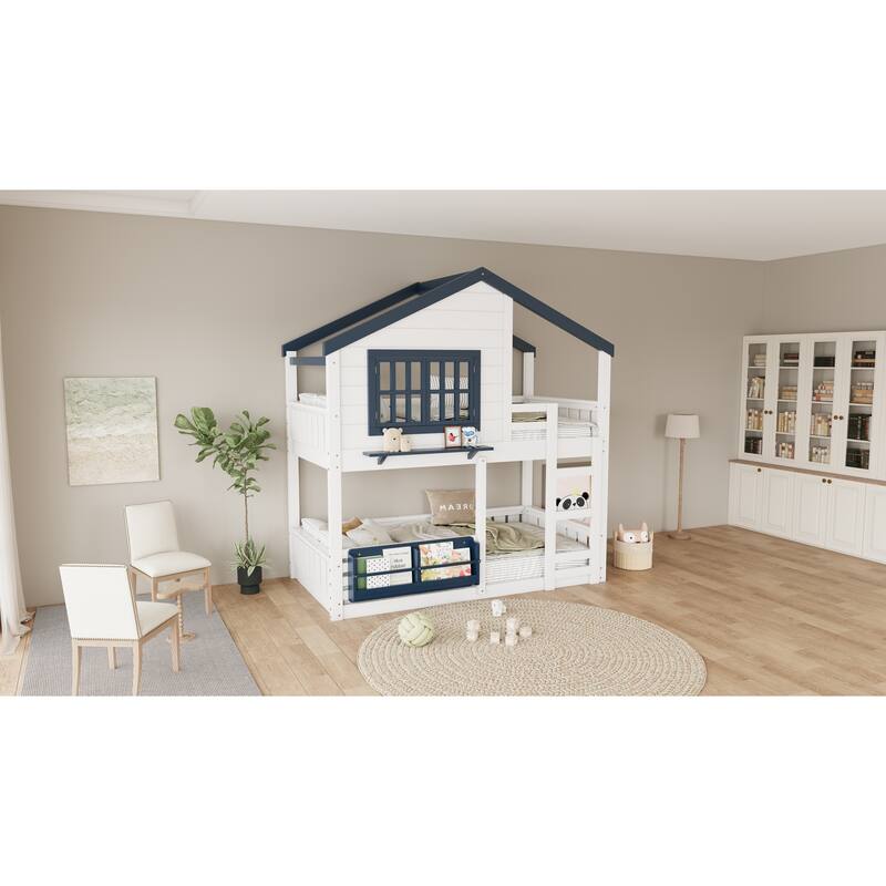 Twin Size Bunk Bed/Loft Bed with Bookshelf, House Design, High-Quality Safety Fencing