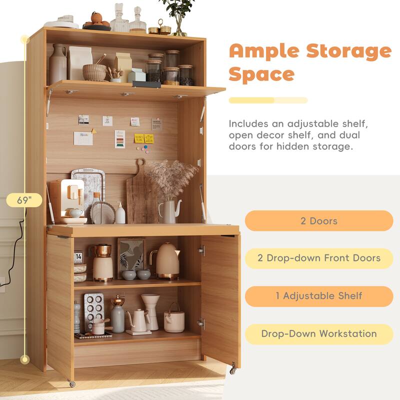 Compact Kitchen Pantry Cabinet with Hutch, Foldable Workstation, Power Outlet, 69 Inch Buffet Storage