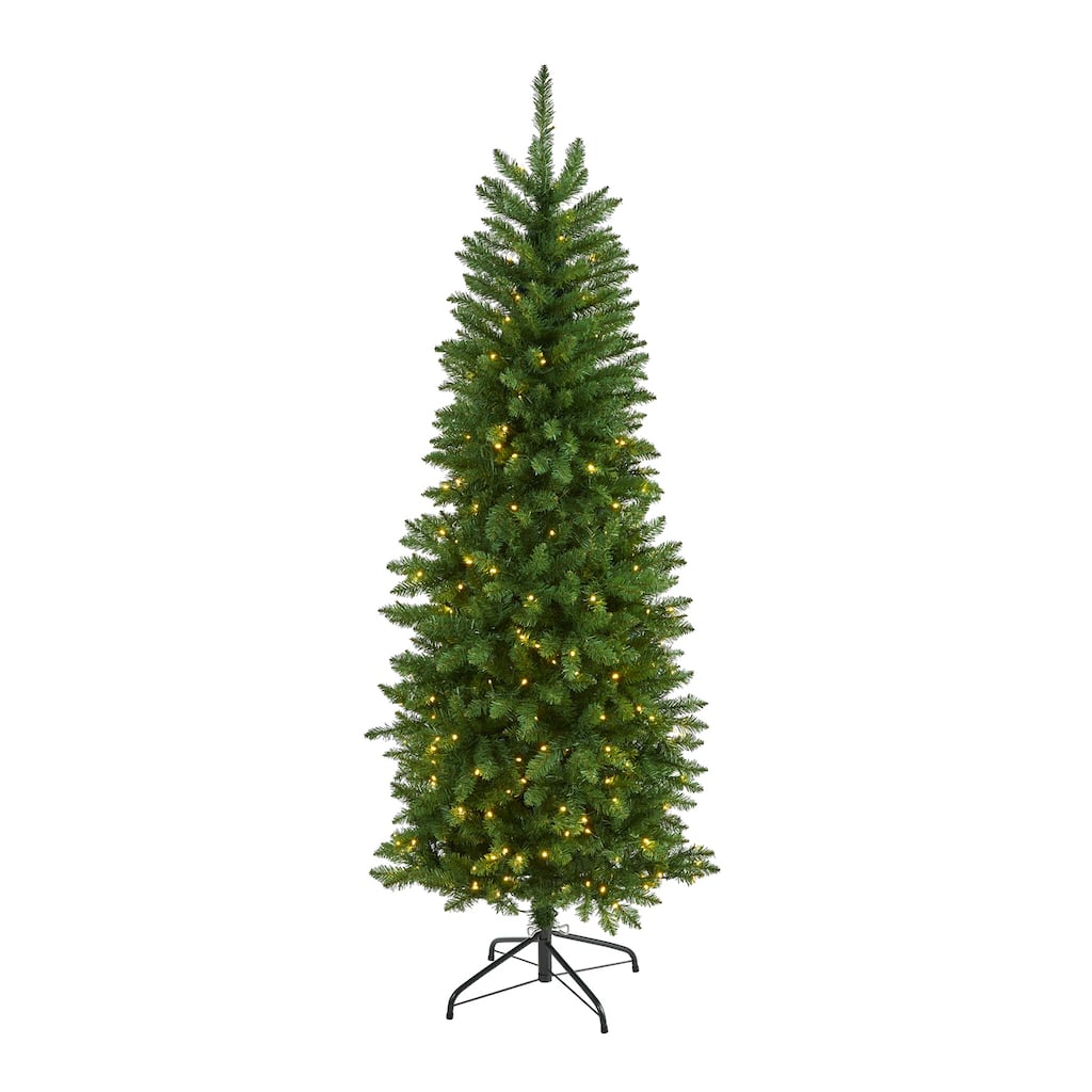 6ft. Slim Green Pine Artificial Christmas Tree with 250 Clear LED Lights - Sleek Holiday X-Mas Glow