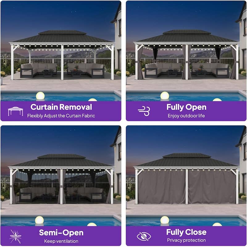 PURPLE LEAF Patio Hardtop Gazebo Pro for Outdoor Grey Galvanized Steel Double Roof White Aluminum Poles