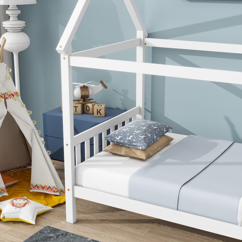 Twin Size House Bed with Headboard and Footboard, Underbed Storage - Rubberwood House-shaped Bed Frame for Children's Room