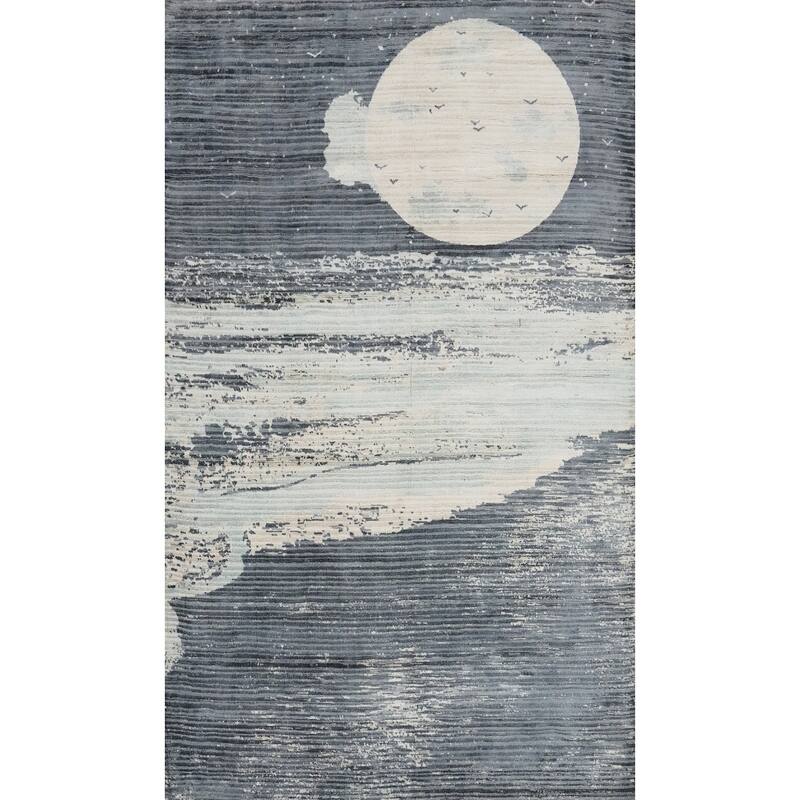Hand Knotted Oriental Viscose Silk Carpet Modern Pictorial Greys & Charcoal Abstract Area Rug - 6' 6'' X 4' 5''