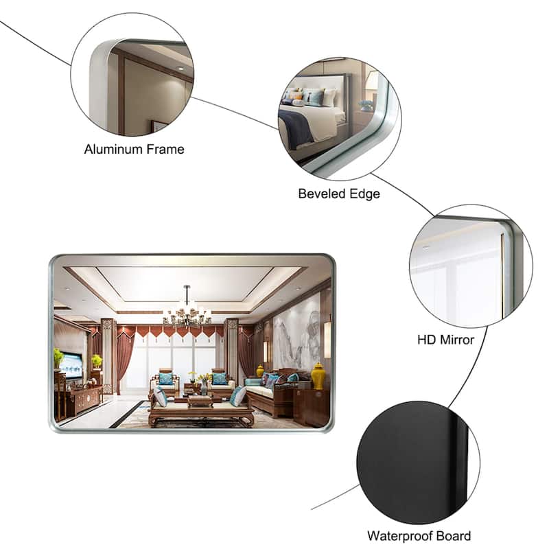 Glossy Brushed Silver Rounded Corner Rectangle Bathroom Mirror