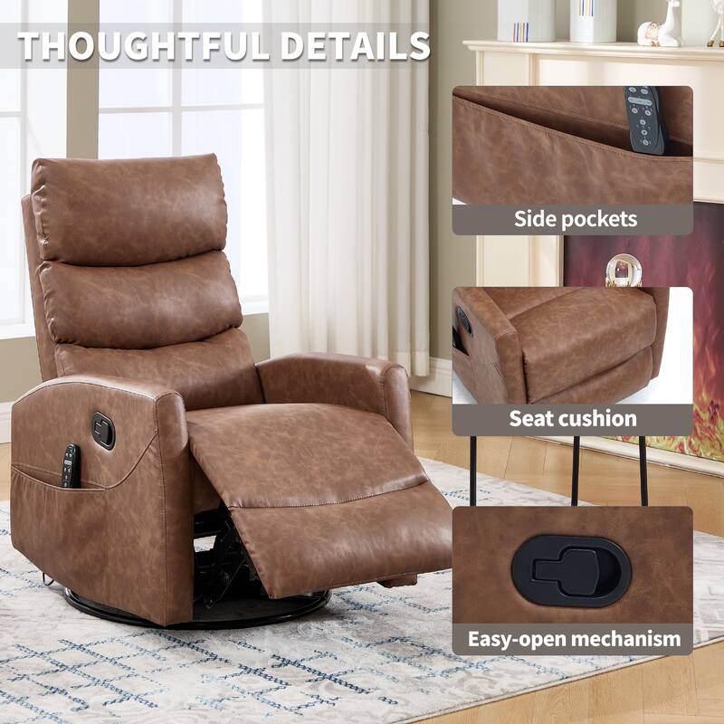 Fabric Manual Recliner Chair with Heat & Massage, Swivel Recliner Chair with Side Pockets, Ergonomic Single Sofa Chair