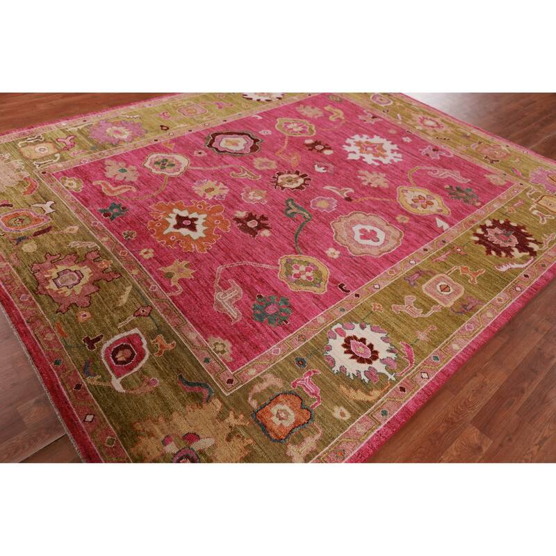 Hand Knotted Oriental 100% Wool Carpet Transitional All-Over Pink Oushak Area Rug - 9' 8'' X 8' 0''
