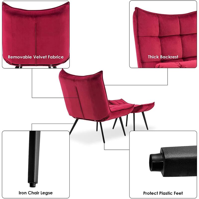 Mcombo Accent Chair with Ottoman, Velvet Tufted Wingback Chair, Upholstered Chairs with Metal Legs for Bedroom Living Room 4079