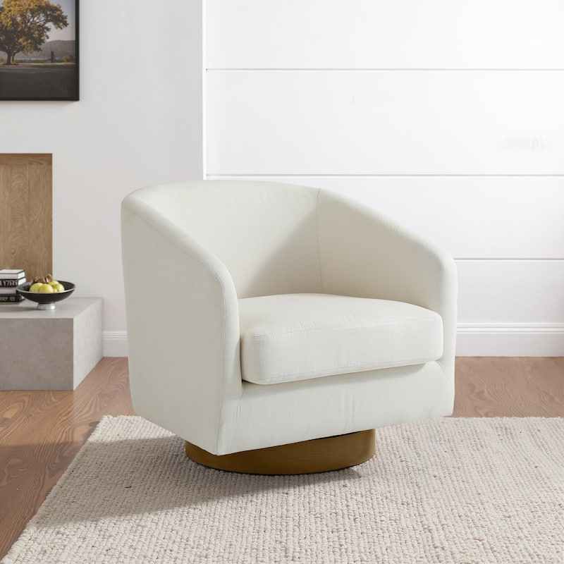 Faux Leather Wide Seat Swivel Barrel Chair - Single/Brown Base - Beige/Linen