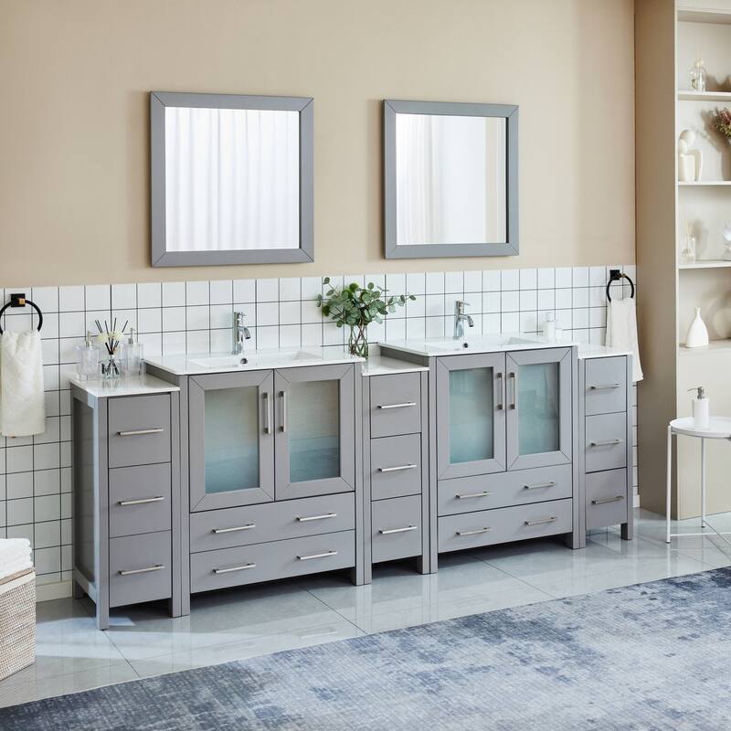 Vanity Art 96" Double Sink Bathroom Vanity Set 13 Dove-Tailed Drawers 5 Cabinets 2 Shelves, Soft-Closing Doors with Free Mirror