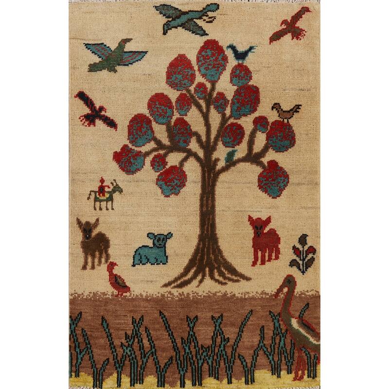 Animals Pictorial Kazak Oriental Foyer Rug Handmade Beige Wool Carpet - 2'0" x 3'0"