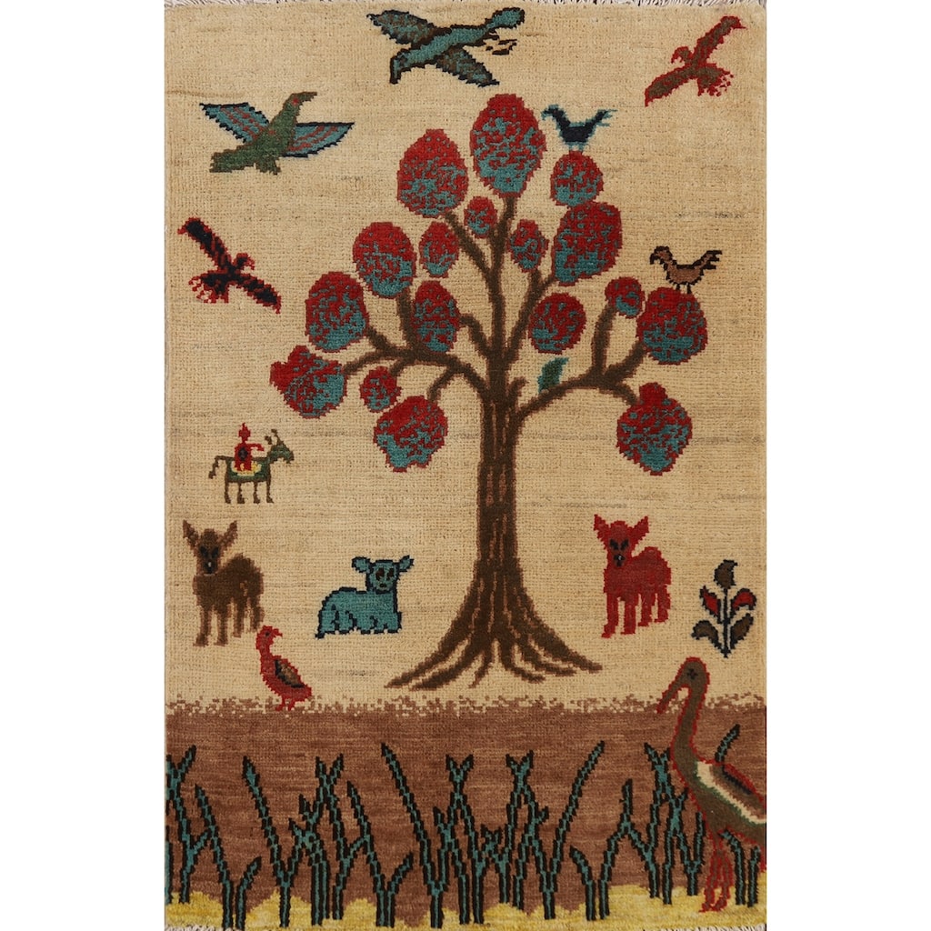 Animals Pictorial Kazak Oriental Foyer Rug Handmade Beige Wool Carpet - 2'0" x 3'0"