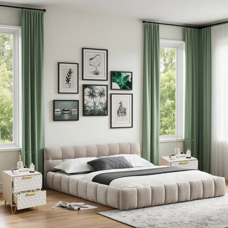 3-Pieces Bedroom Sets Upholstered Bed Frame with Thick Fabric,Solid Frame,2Nightstands with 2 Drawers,Gold Legs & Handles