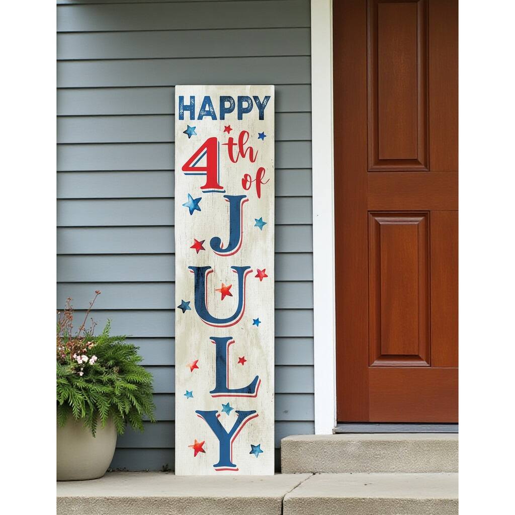 HomeRoots 36" White Blue And Red Solid Wood Happy 4th Of July Porch Sign