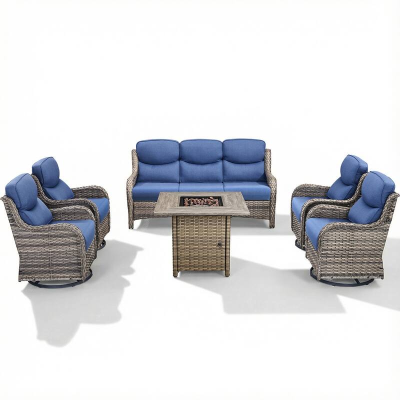 Pocassy Outdoor Propane Fire Pit Table with Sofa Swivel Chair Funiture Set.