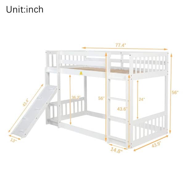 Twin Over Twin Floor Bunk Bed, Playhouse Floor Bunk Bed with Climbing Ramp, Ladder, Safety Guardrails