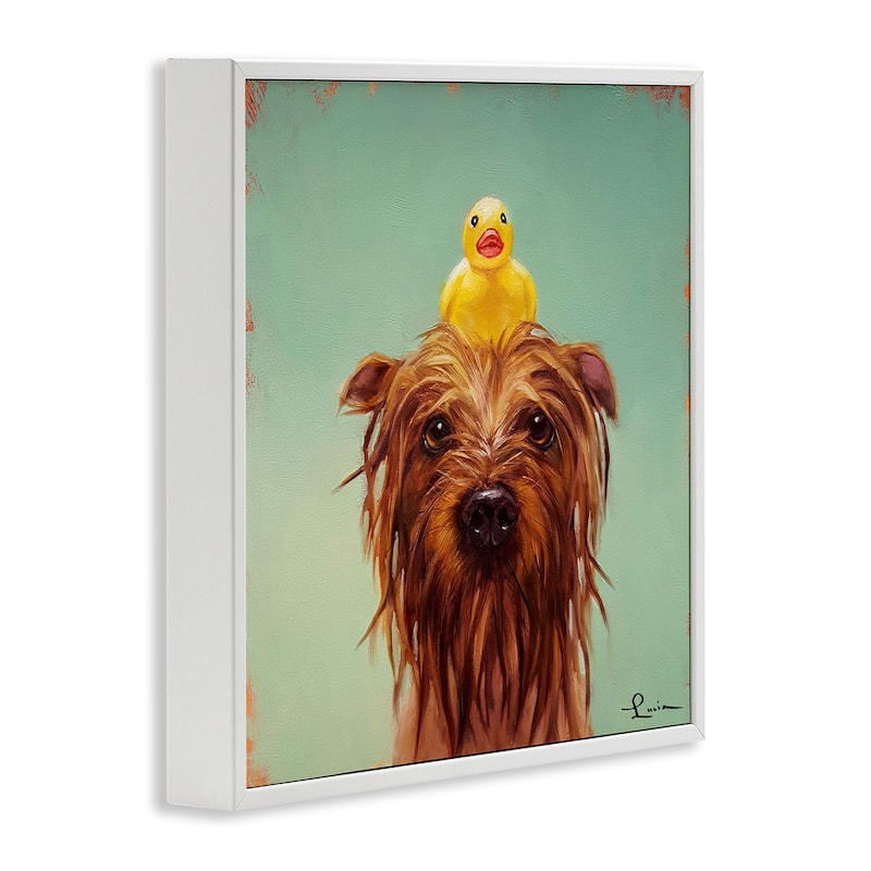 Stupell Wet Dog with a Rubber Ducky Turquoise Bath Framed Wall Art, 12x12, Proudly Made in USA