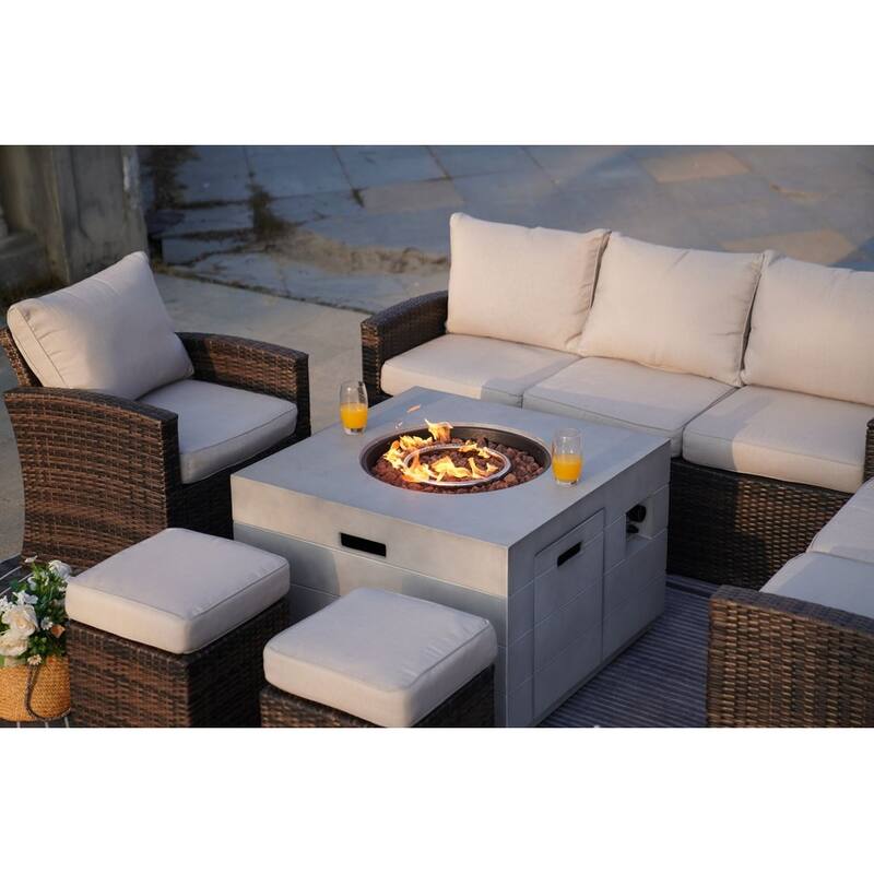 7-Piece Patio Brown Rattan Wicker Conversational Sofa Set with Fire Pit Table and Storage Box