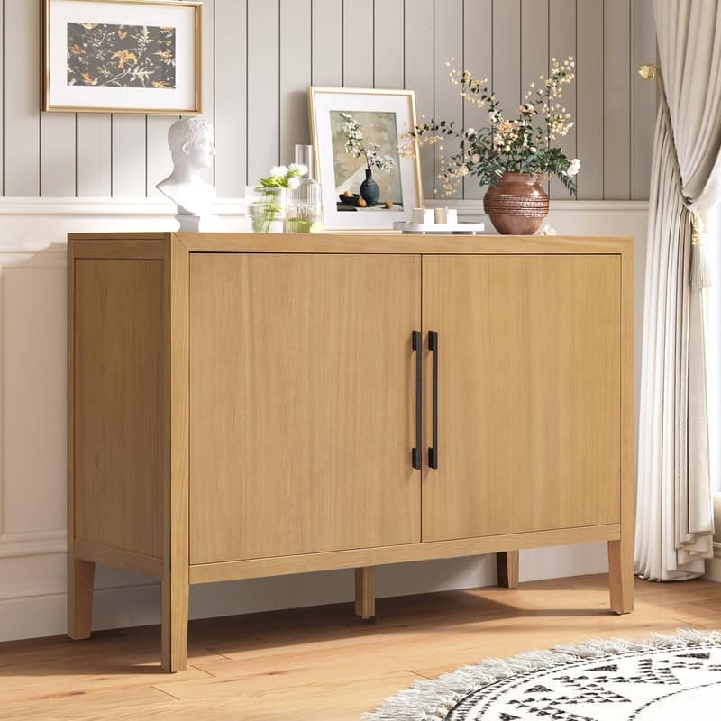 Farmhouse Sideboard Cabinet, Stylish Pine Veneer Design with Double Doors and Adjustable Feet for Storage