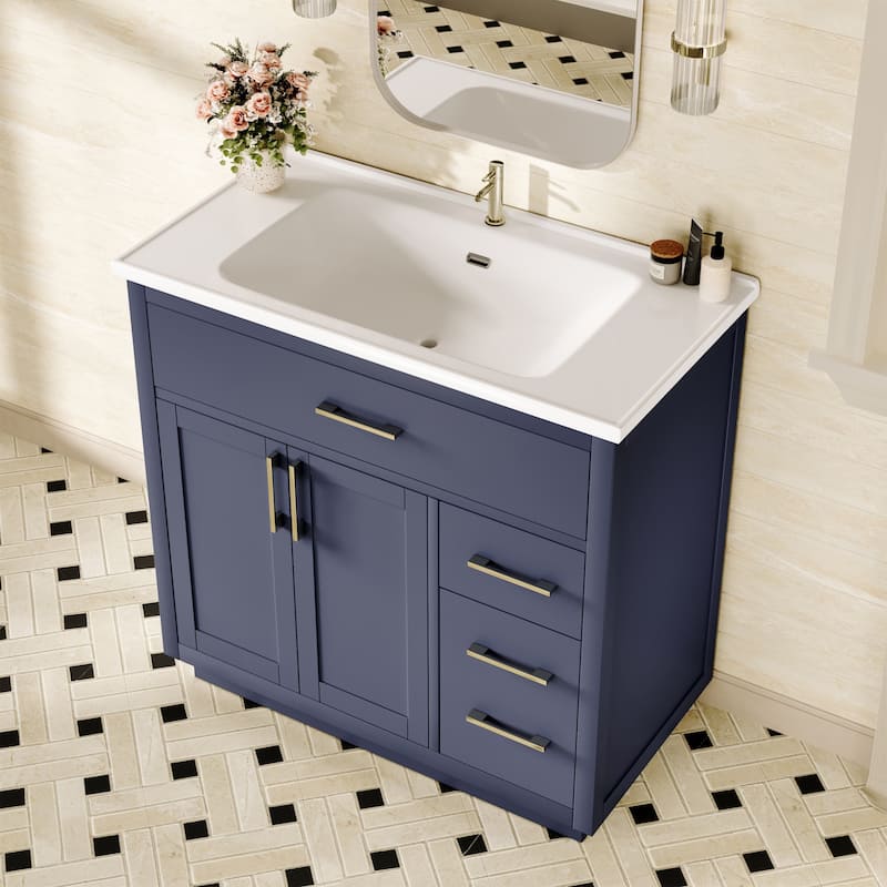 36" Free-Standing Bathroom Vanity with Marble Countertop-Soft-Close Drawers & Cabinet