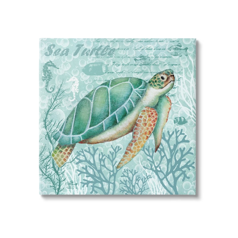 Stupell Sea Turtle Detailed Coral Silhouettes Fancy Script Canvas Wall Art, Design by Emma Leach - 17 x 17