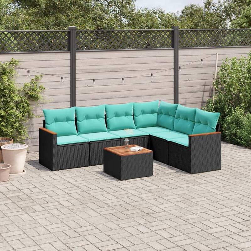 vidaXL Patio Sofa Set with Cushions Outdoor Conversation Furniture Poly Rattan - 24.4x 24.4x 27.2 - Black and Blue-With table