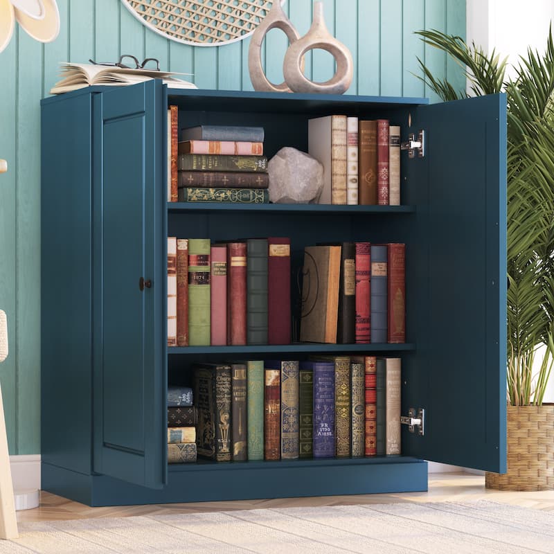 100% Solid Wood 3-shelf Bookcase with Optional Doors by Palace Imports - Solid Doors - Teal Blue