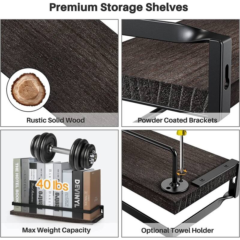Dark Brown Floating Bathroom Shelf with Towel Rail for bathroom/living/kitchen/bedroom (set of 2)