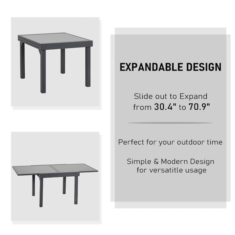 VredHom Outdoor Tempered Glass Top Aluminum Extendable Dining Table - 35.4 in W x 35.4-70.9 in L x 29.5 in H