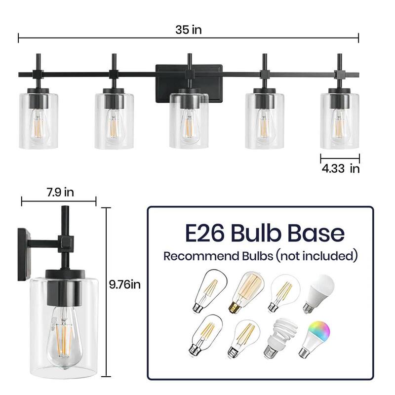 Jasper Black Clear Glass 5-Light Bathroom Vanity Light