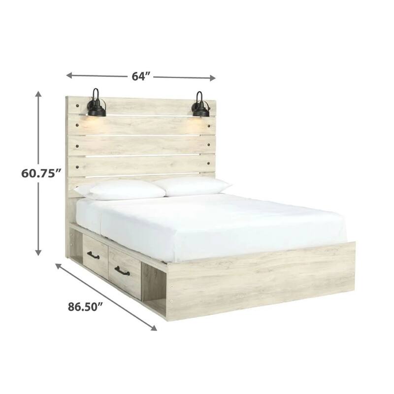 Cemy Rustic Queen Panel Bed, 2 Sconce Lights and Drawers, Whitewash