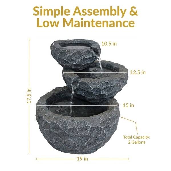 Sunnydaze 3-Tier Chiseled Basin Solar Powered Fountain for Garden
