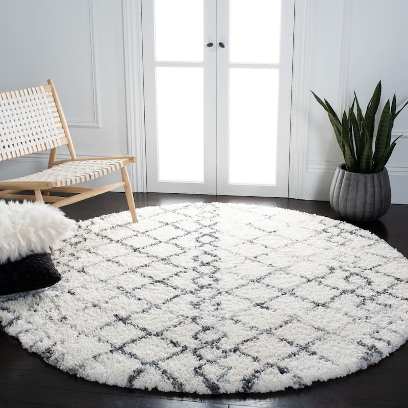 SAFAVIEH Fontana Shag Stamena Moroccan 2-inch Thick Rug - 5'3" Round - Ivory/Grey
