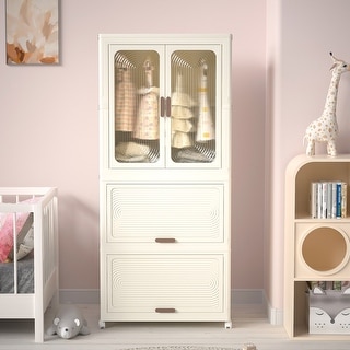Portable Baby Wardrobe Closet with Magnetic Doors, Hanging Rod, 10 Hangers, White