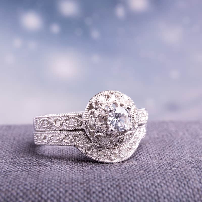 Miadora Sterling Silver Created-white-sapphire and 1/10ct TDW Diamond Bridal Ring Set