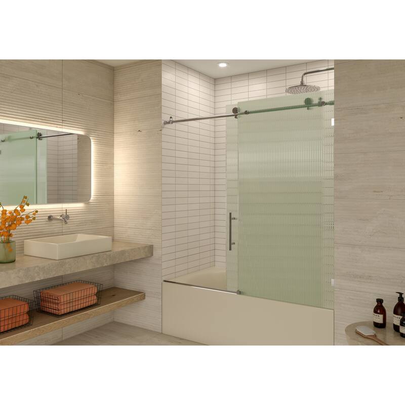Galaxy 60 in. x 60 in. Fully Frameless Fluted Glass Sliding Bathtub Doors - Lefthand