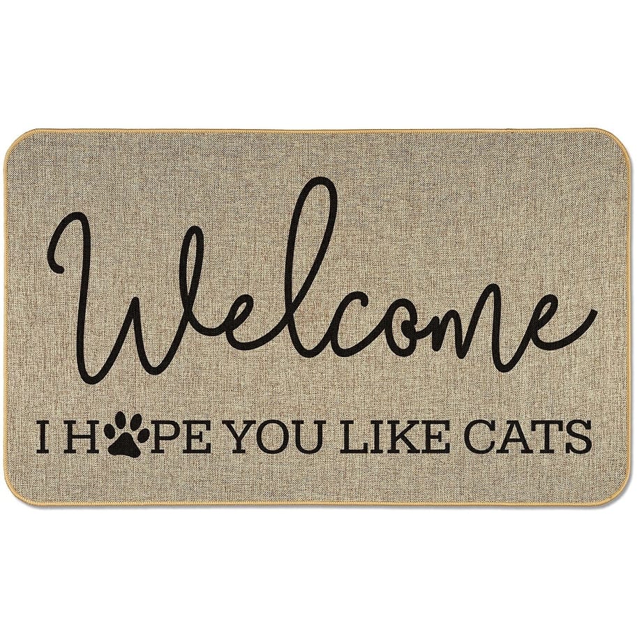 Natural Linen Look Decorative Low Profile Indoor/Outdoor Floor Mat with Recycled Rubber Back, Welcome Cats, 29.5" x 17.75".