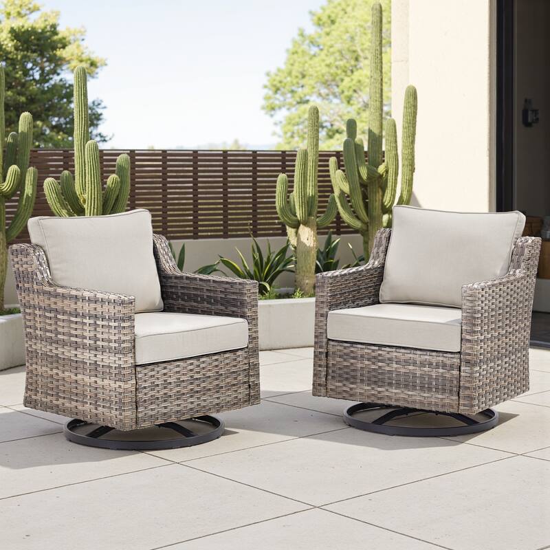 Pocassy Outdoor Patio Furniture Wicker Sofa Swivel Chair Set - Grey Wicker Beige Cushion - 2 Pieces Swivel Chair