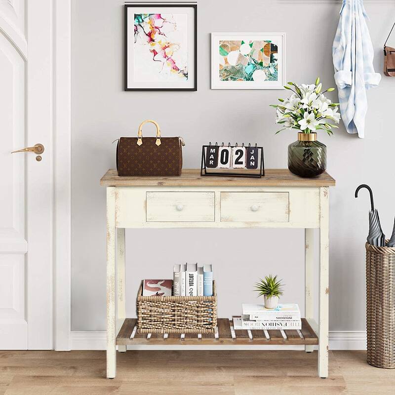 Vintage 2 Drawers Storage Entryway Console Table with Bottom Shelf