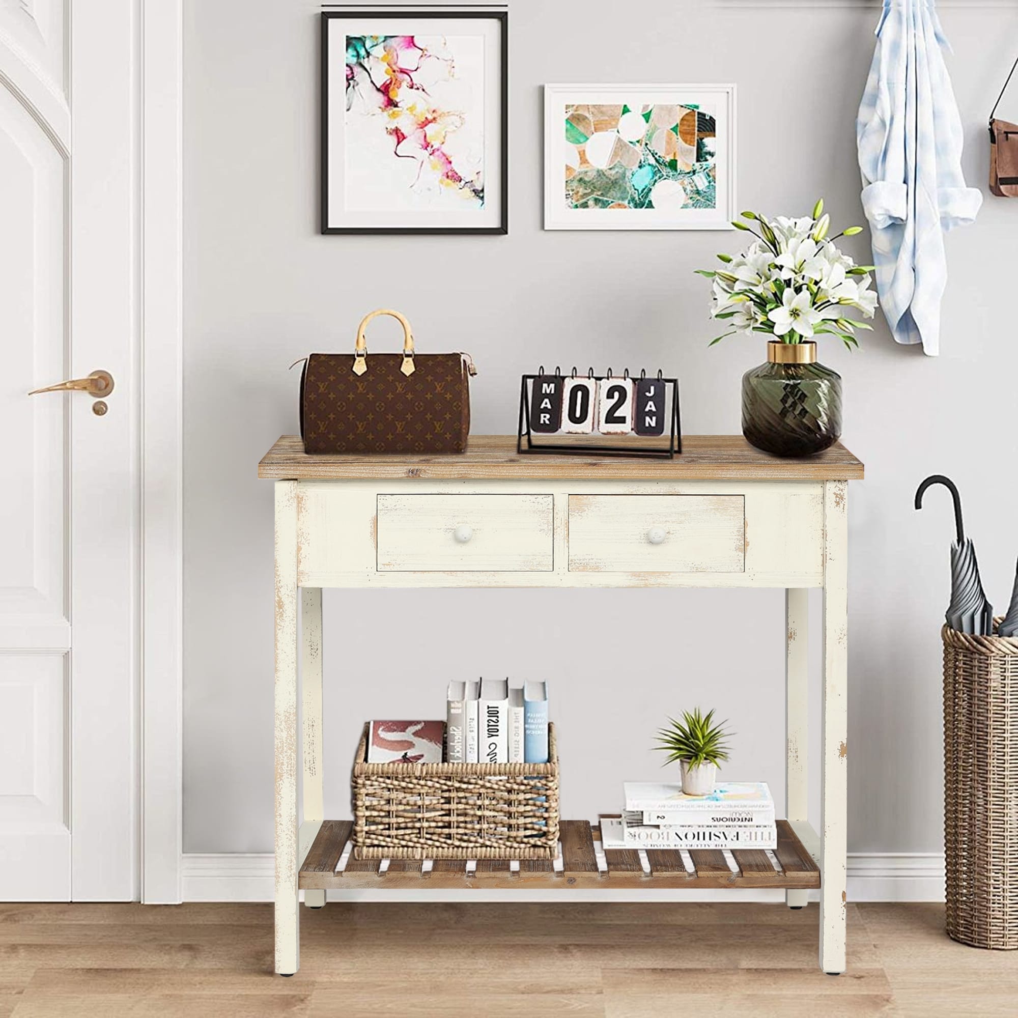 Vintage Distressed Finish Console Table with 2 Drawers and Open Shelf