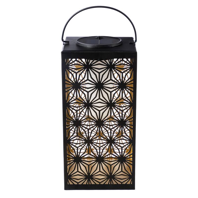 Glitzhome 11"H Black Metal Cutout or Square Textured Glass Pattern Solar Powered Hanging Lantern with LED Light