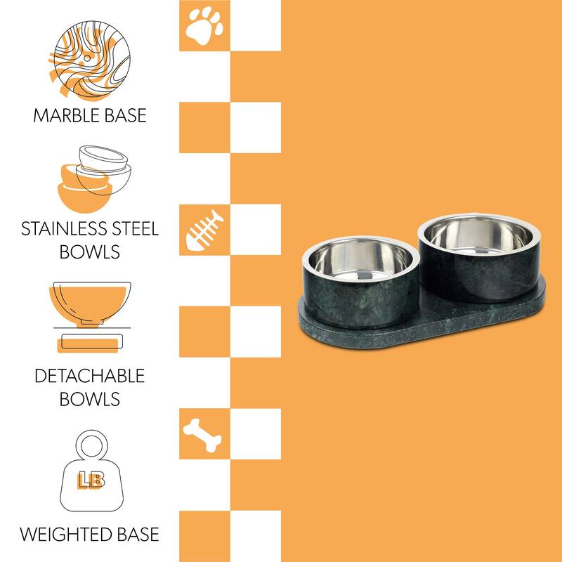 Marbre 12oz Double Pet Bowl Set - Marble & Stainless Steel with Non-Slip Tray