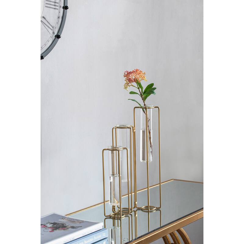 Rossetta Oversized Minimalist Lines Industrial Intrigue 3-Bottle Pedestal Beaker Vase with Metal Frame