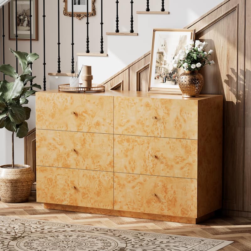 COZAYH Farmhouse Burl Wood Nightstand, Modern Dresser with Storage - 6-drawer