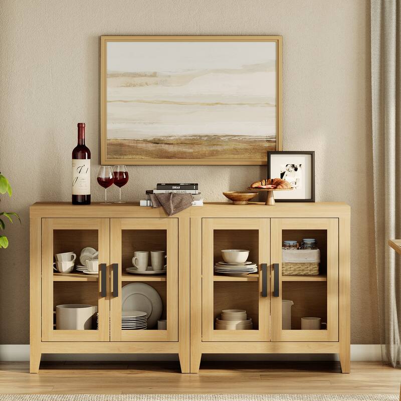 WAMPAT Modern Farmhouse Modular Buffet Cabinet, Glass Door Sideboard with Adjustable Shelves - 63 inches in width - Oak