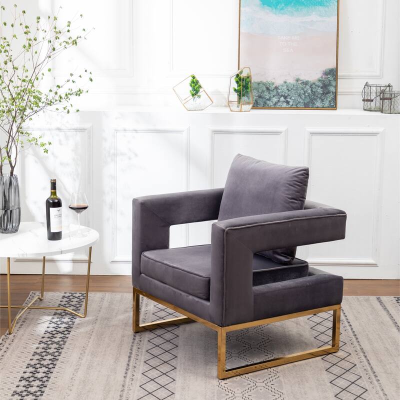 Gray Modern 29.75" Polyester Upholstered Arm Chair with Gold-Colored Metal Tube Frame