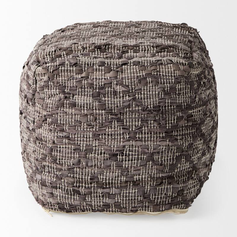 Mercana "Falguni" Grey Patterned Leather & Cotton Square Pouf