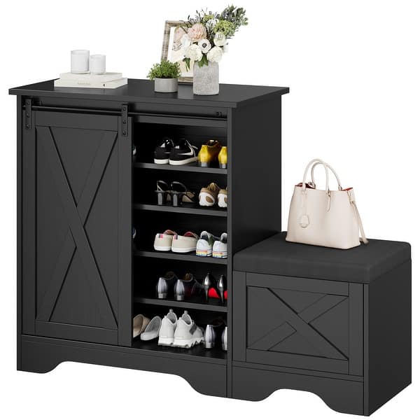 Farmhouse Shoe Cabinet with Sliding Door Shoe Bench 5-Tier Shoe Storage Cabinet with Adjustable Shelves for 20 Pairs