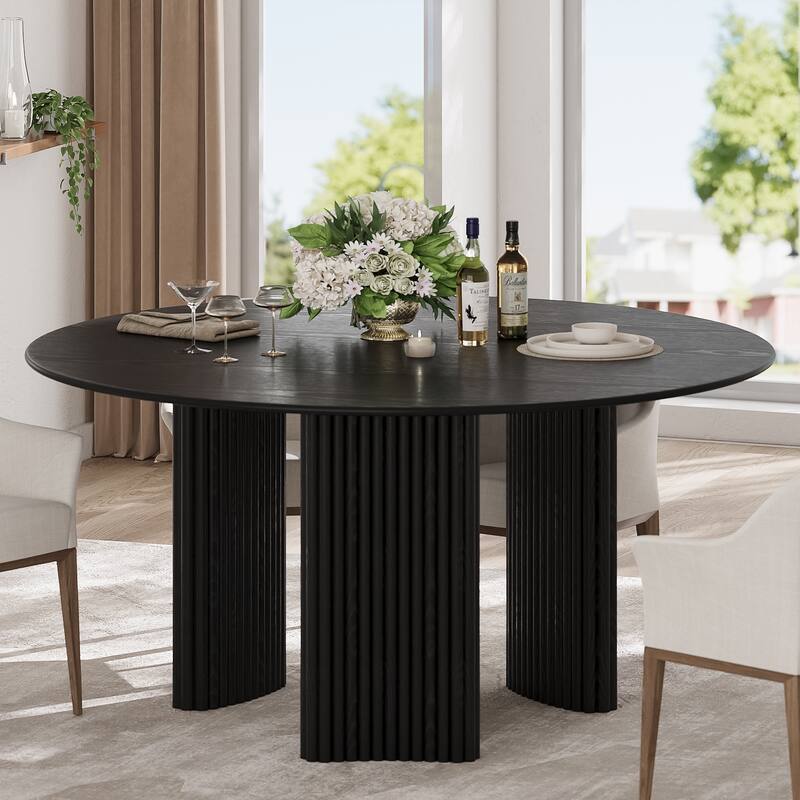 Modern Round Dining Table with Striped Column Legs Solid Wood Kitchen Table Anti-Scratch Footpads