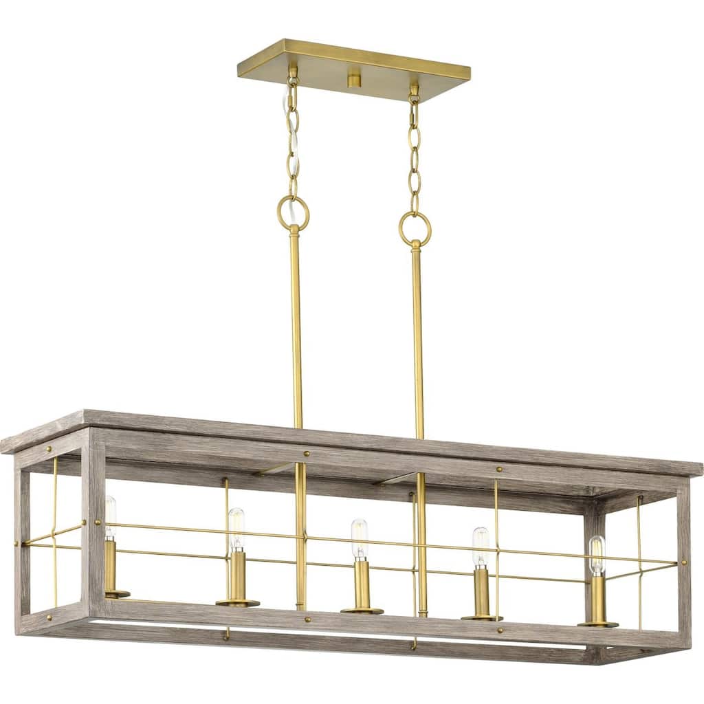 Hedgerow Collection Five-Light Distressed Brass and Aged Oak Farmhouse Style Linear Island Chandelier Light