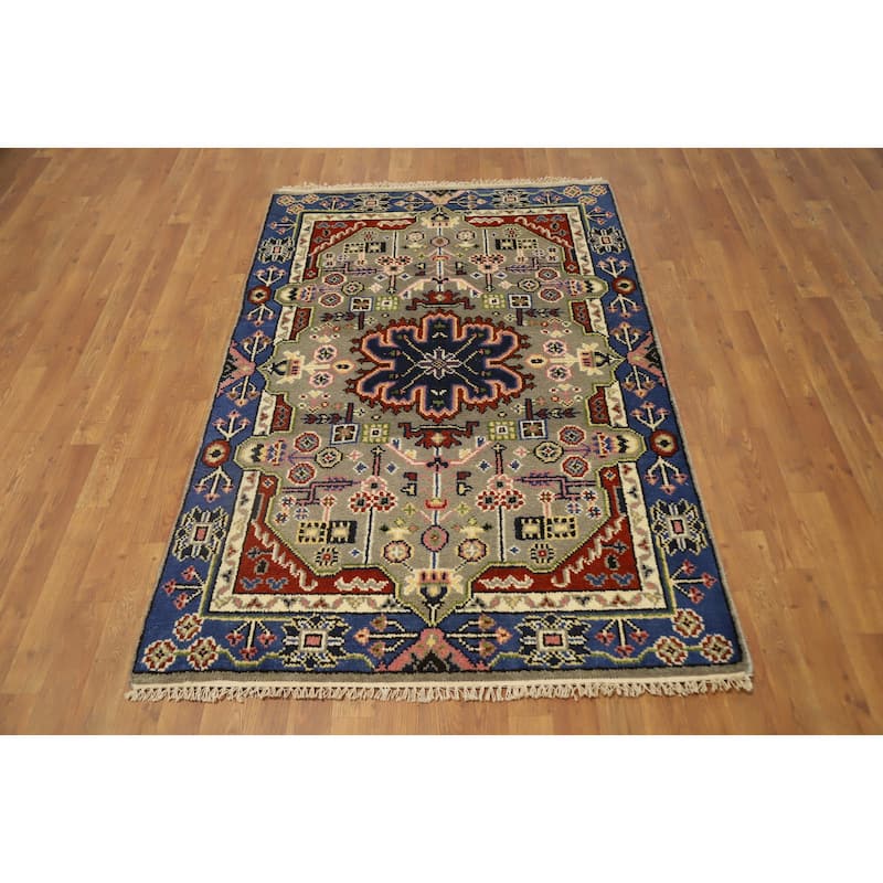 Hand Knotted Oriental 100% Wool Carpet Traditional Geometric Beige & Ivories Kazak Area Rug - 5' 10'' X 4' 0''